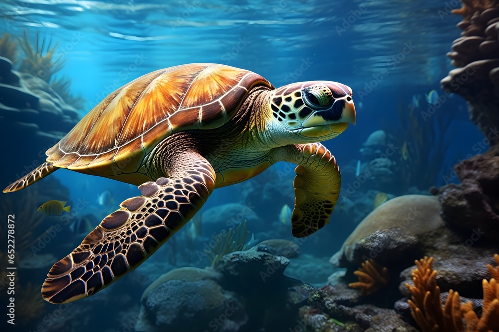 Sea Turtle Swimming in the clear sea ocean water HD with sunlight