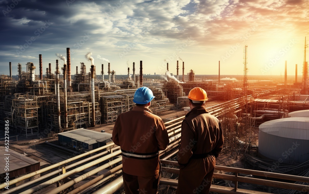 Two workers against background oil refinery industrial area of oil refining equipment in with pipes, tanks and machines Generative AI Two workers against background oil refinery industrial area of oil refining equipment in with pipes, tanks and machines Generative AI