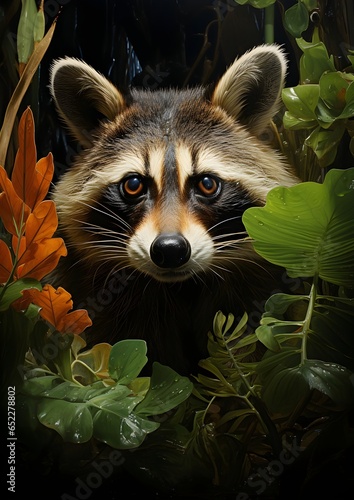 Raccoon portrait in the tropical jungle forest, nature's flora and fauna, HD