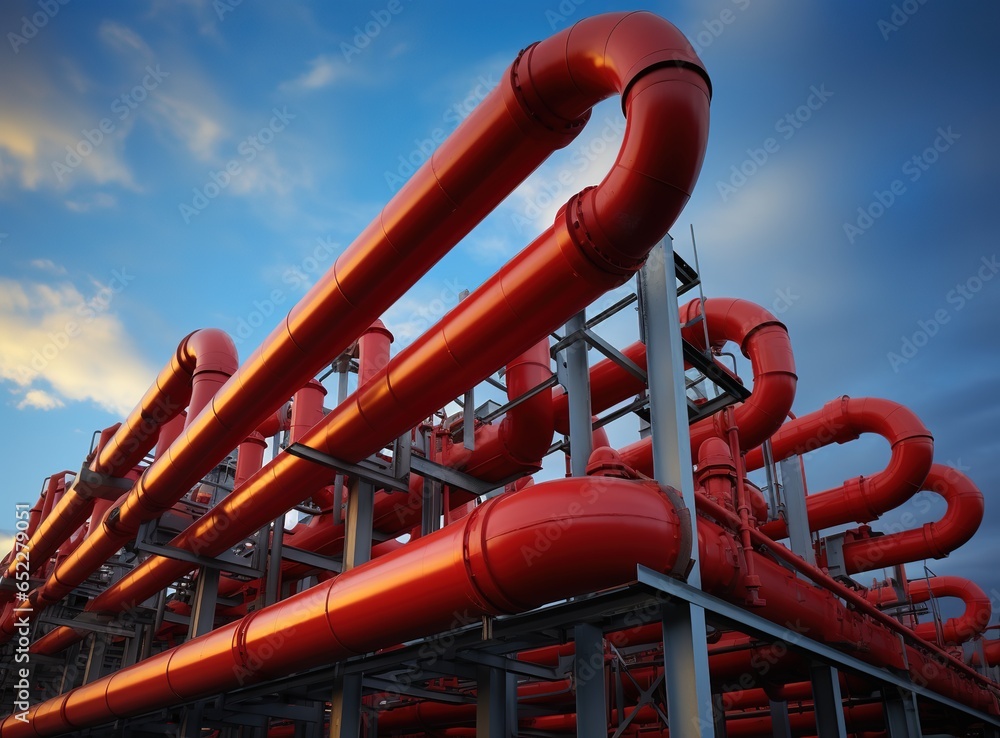 Steel pipelines and fittings in red close up, industrial pipe with gas or oil against the blue sky production industry oil pipeline Generative AI
