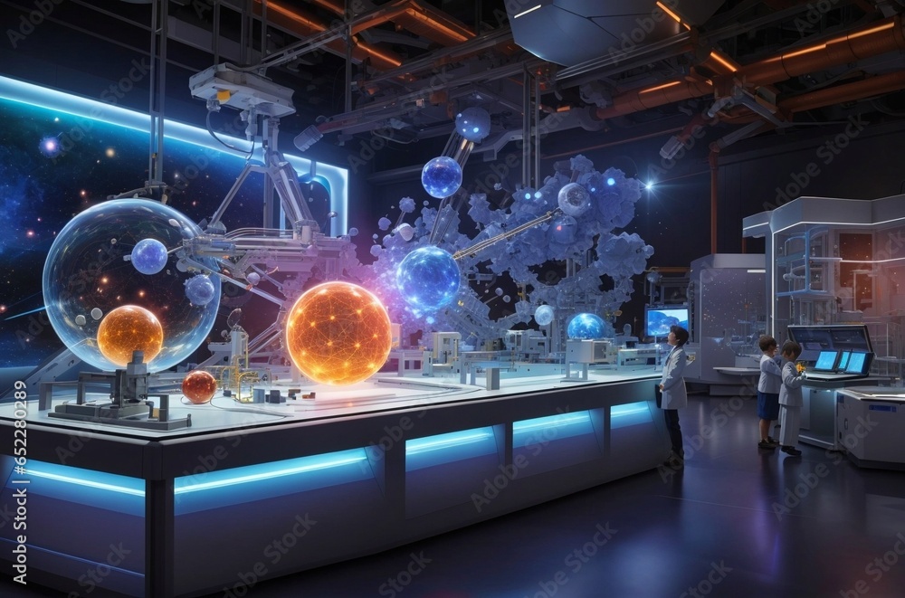 Step into a virtual laboratory where scientists manipulate the fundamental elements of the universe.Created with generative AI