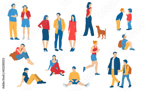 Men, women, teenagers and children standing, walking, sitting, different colors, cartoon character, group  silhouettes rest people, students, design concept of flat icon, isolated on white background