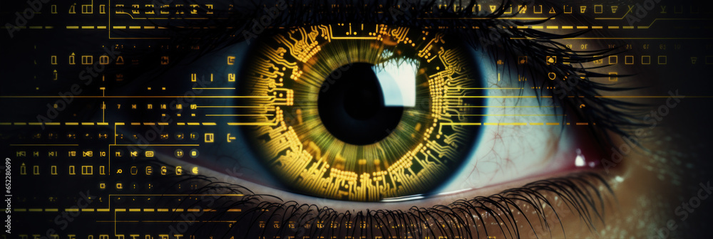 Close up of human eye with futuristic technology.
Digital futuristic eye technology - obrazy, fototapety, plakaty 