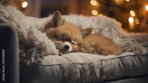 Cute little fox sleeping on sofa in room with Christmas tree and lights © TheoTheWizard