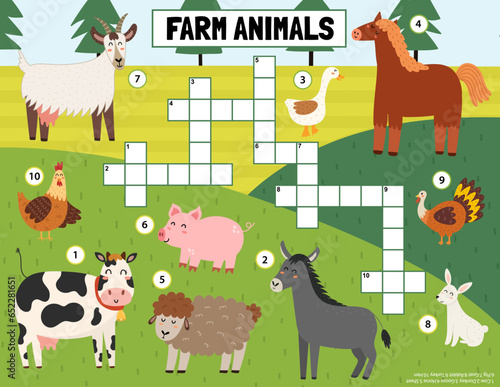 Farm animals crossword for kids. On the farm puzzle for school and preschool. Funny activity page in US Letter format for children. Vector illustration