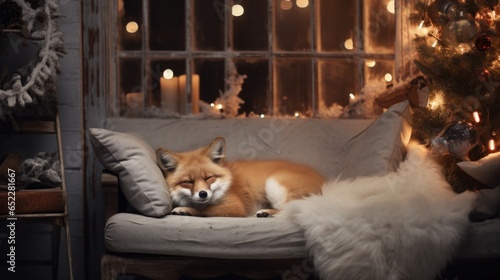 Cute little fox sleeping on sofa in room with Christmas tree and lights © TheoTheWizard