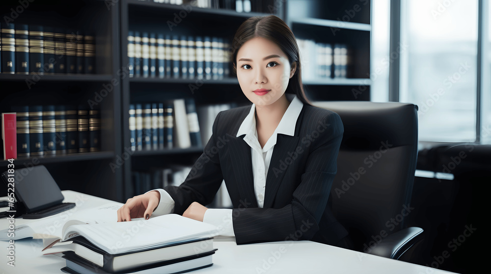 Portrait of Professional Asian female lawyer sit at her office desk Portrait of Professional Asian female lawyer sit at her office desk
