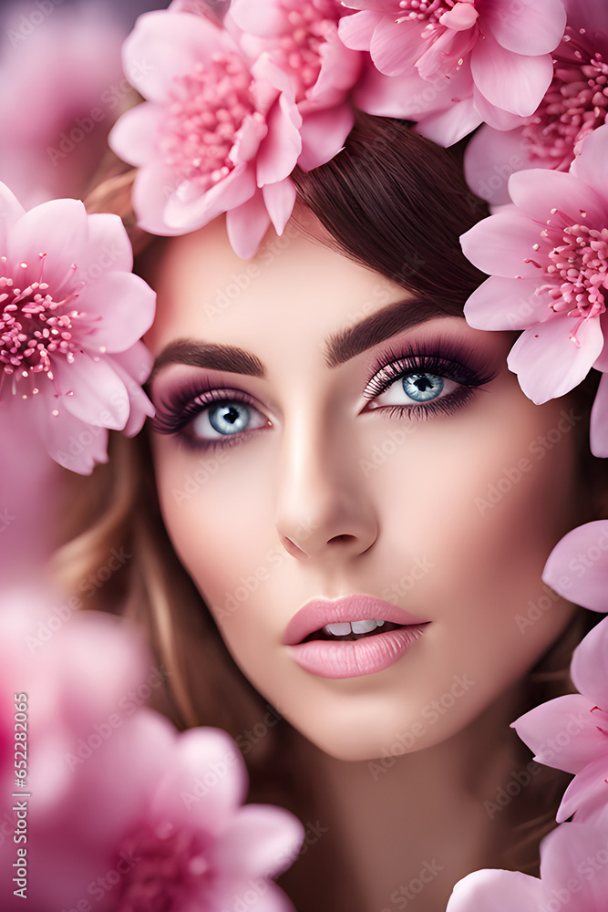 portrait of a woman with spring makeup, flowers in pink tones portrait of a woman with spring makeup, flowers in pink tones