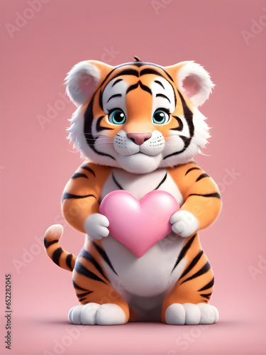 fat tiger holding a heart on pink background