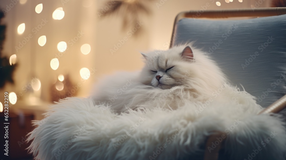 Beautiful white cat lying on the couch in the living room.
