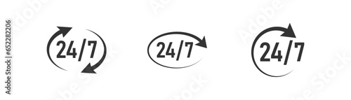 24 7 Service open, 24 hours a day, 7 days a week icon set. Tech supporting symbol. Timetable, time, hours signs. Delivery, shopping symbol. Vector illustration.