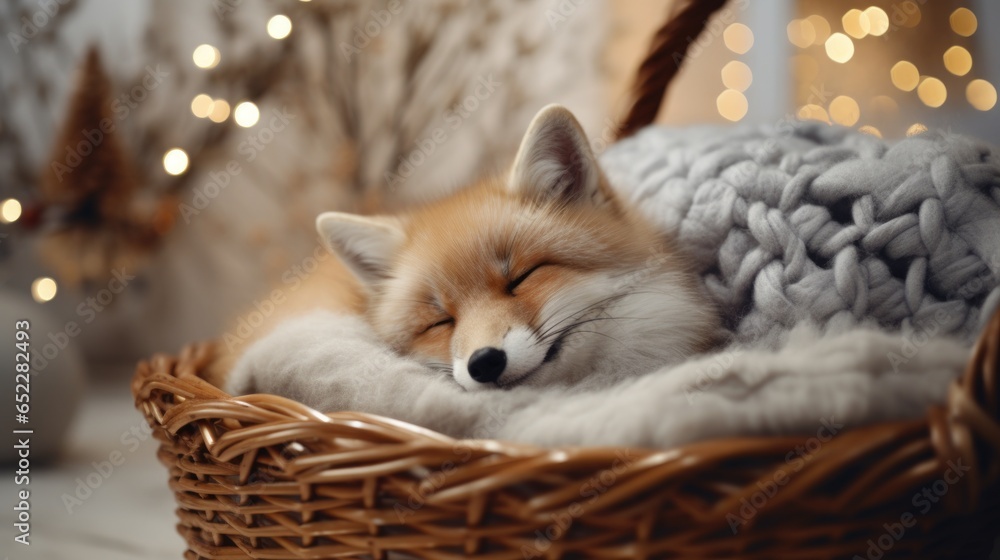 Cute little fox sleeping in basket near Christmas tree on blurred background