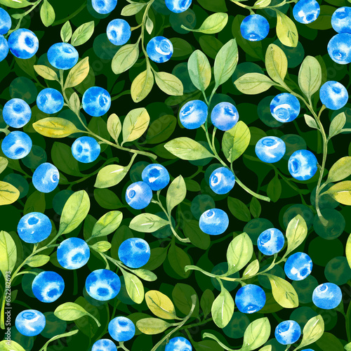 Seamless pattern with watercolor blueberries and leaves. Hand drawn watercolor illustration.