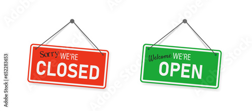 Welcome we're open and sorry we're closed red and green signboard with a rope vector illustration.