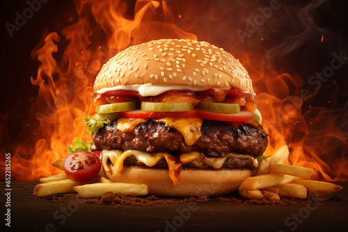 Big juicy burger with fries, fire background
