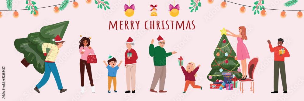 Long banner with people celebrating Christmas Long banner with people celebrating Christmas