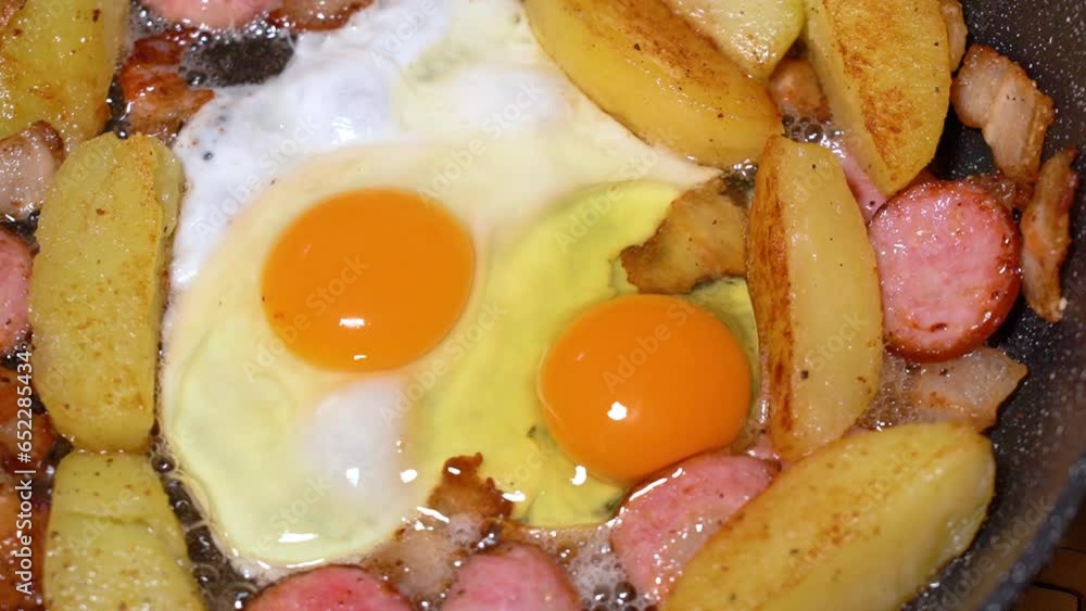Simple food. Potatoes with meat and eggs are fried in a frying pan. Simple food. Potatoes with meat and eggs are fried in a frying pan.