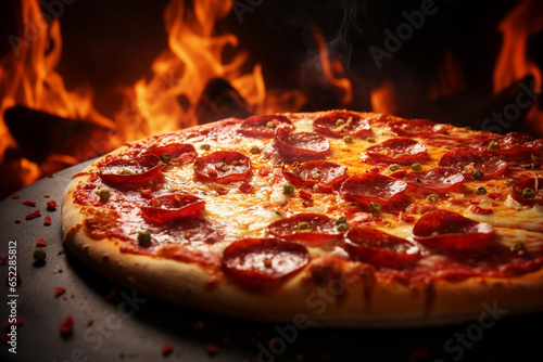 Juicy big pepperoni pizza, fire background