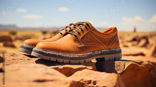 A pair of men's shoes on the mountain background
