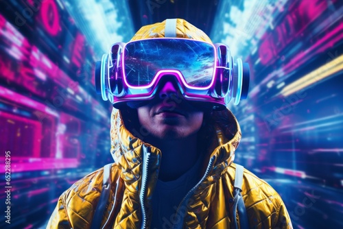 Abstract scene with man using vr glasses. Cyber neon futuristic creative concept. Colorful neon colors background. Guy watching through modern goggles.