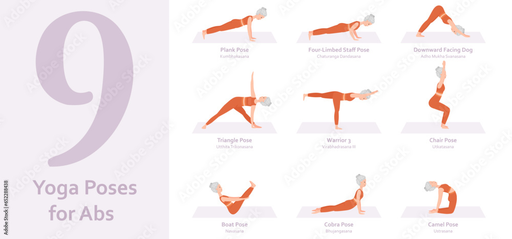 Yoga poses for Abs. Elderly woman practicing yoga asana. Healthy lifestyle. Full body yoga, fitness, aerobic and exercises workout. Flat cartoon character. Vector illustration
