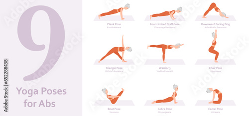 Yoga poses for Abs. Elderly woman practicing yoga asana. Healthy lifestyle. Full body yoga, fitness, aerobic and exercises workout. Flat cartoon character. Vector illustration
