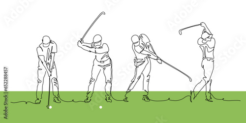 Golfer making swing motion on golf course. Vector illustration. One continuous line art drawing of golfer