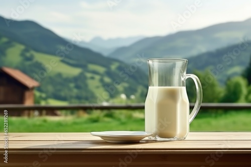 Milk jug on wooden table on sunny country background