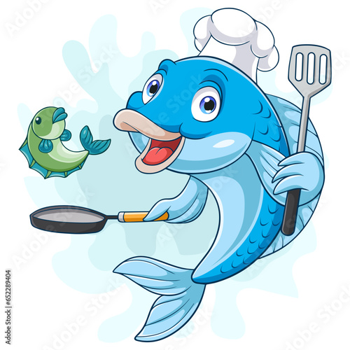 Cartoon fish chef holding a frying pan and spatula