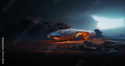 Wide shot of a fantastic Sci-fi landscape with spaceship on desert planet. Anamorphic 4k footage