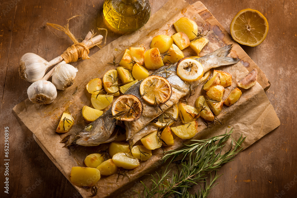 oven sea bass with potaoes lemon and rosemary oven sea bass with potaoes lemon and rosemary