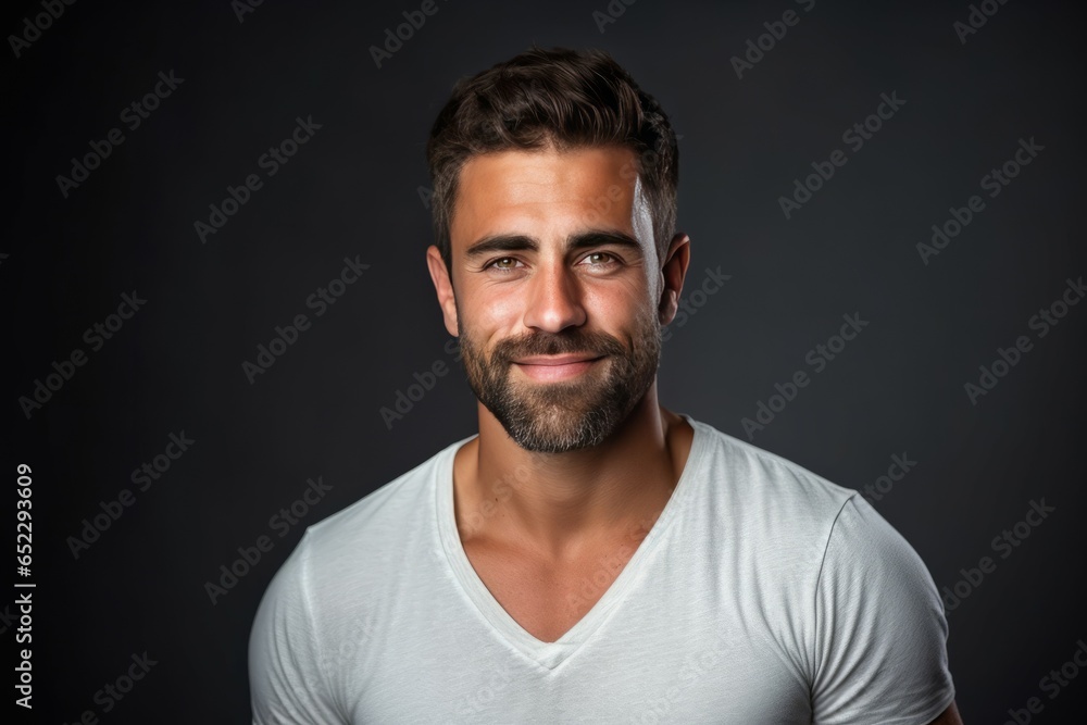 Portrait of a handsome young man smiling at the camera while standing against beige background