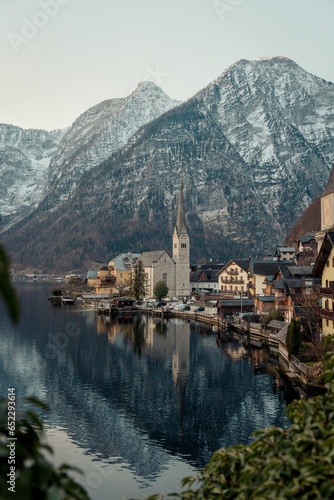 Famous Hallstatt mountain village with Hallstaetter Lake in the Austrian Alps
