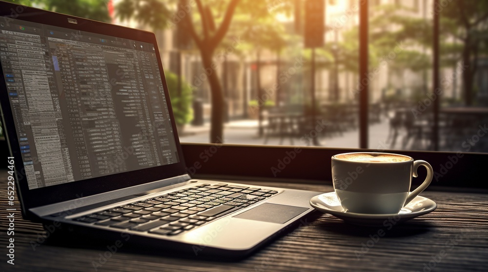Un ordenador portátil y una taza de café en un edificio de oficinas Un ordenador portátil y una taza de café en un edificio de oficinas