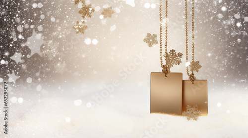 Gold jewelry tags on falling snow background. Empty space in the center for product placement or advertising text. photo