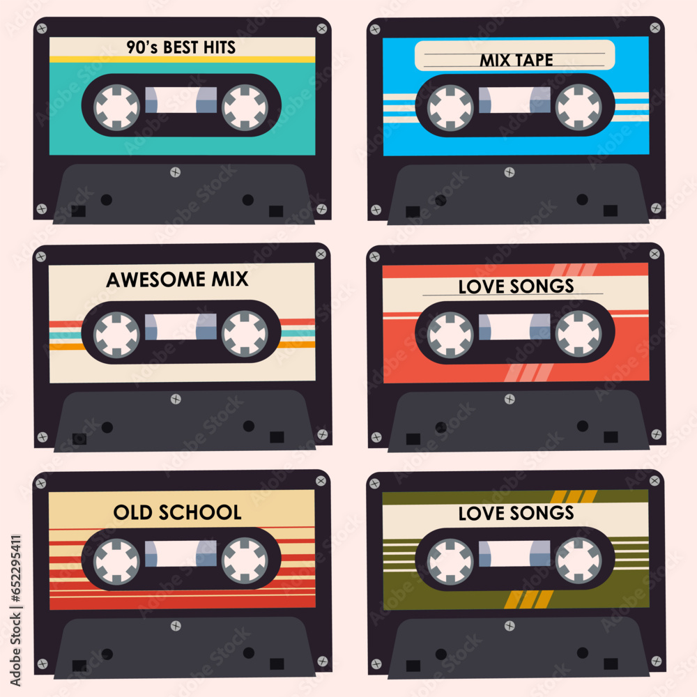 Vintage music cassettes. Vector illustration. 