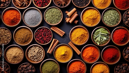 a close-up of a variety of spices in bowls on a table
