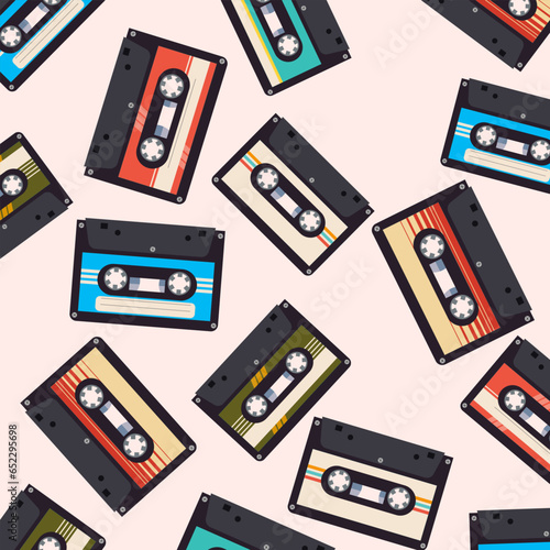 Seamless pattern of vintage music cassettes. Vector illustration.
