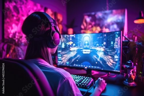 Young woman playing games on gaming computer neon setup room view