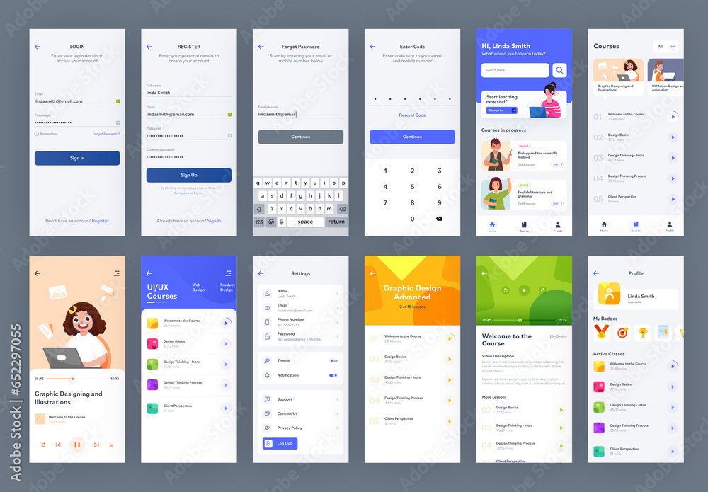 Mobile ELearning App UI Kit With Different GUI Layout Including Log In