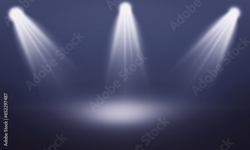 spotlight on stage realistic studio lights empty background dark wall smoke effect with round podium,
