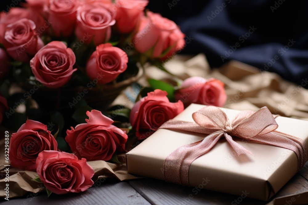Bouquet of red roses and gift with ribbons on wooden table, close up. Wedding or Valentine's Day celebration Bouquet of red roses and gift with ribbons on wooden table, close up. Wedding or Valentine's Day celebration