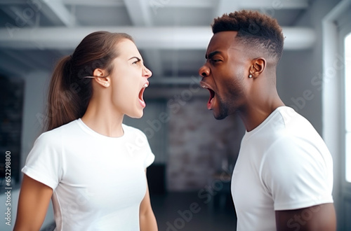 Aggressive mixed race family couple. Angry young woman pointing away to irritated african american husband. Relations crisis concept. Generated by AI