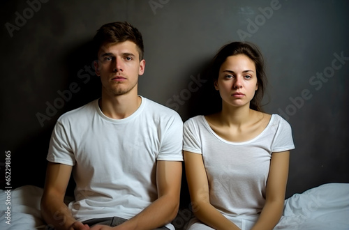 Frustrated sad couple sitting on bed and thinking about relationship problems, pensive couple after a quarrel lost in thoughts. Generated by AI