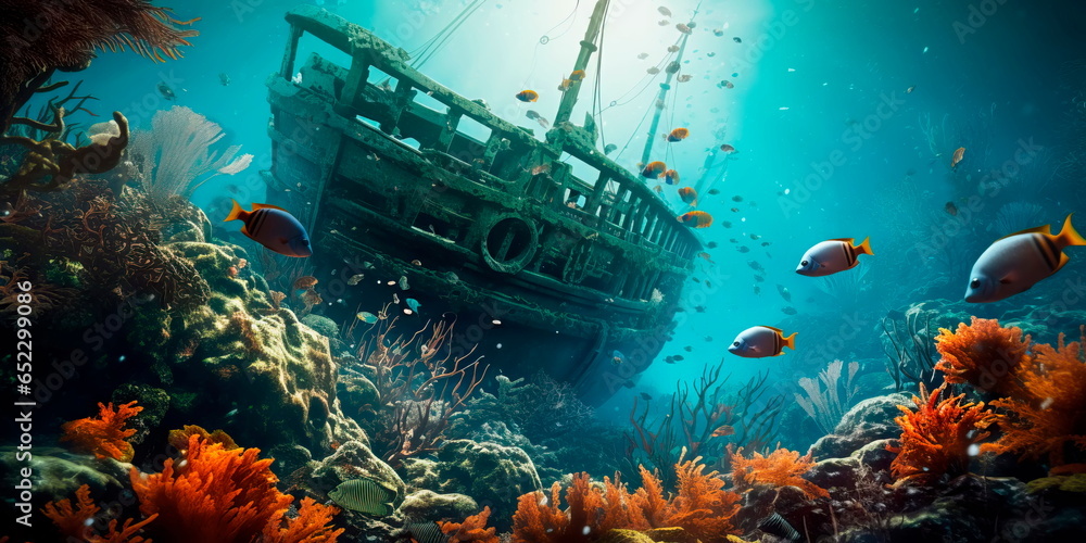 Investigation of an underwater shipwreck. A stunning view of a sunken ship surrounded by schools of tropical fish. - obrazy, fototapety, plakaty 