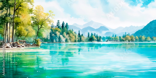 landscape with soft  pastel hues depicting a tranquil lake surrounded by lush  green trees and a clear blue sky  evoking a sense of peace and serenity.