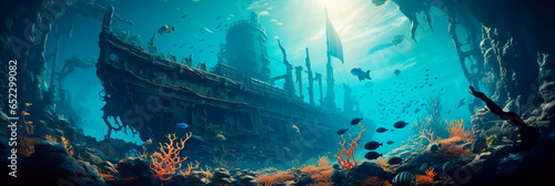 Investigation of an underwater shipwreck. A stunning view of a sunken ship surrounded by schools of tropical fish.