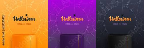 Set of Halloween showcase backgrounds with 3d podium and spider web. Halloween spooky background. Vector illustration
