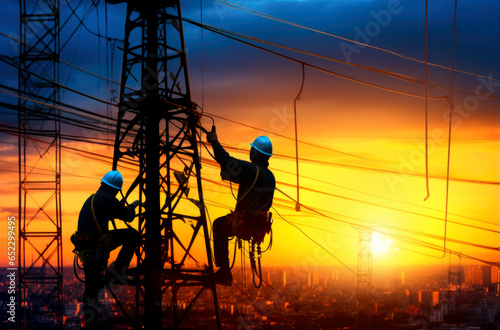 Silhouette Business Industrial Electrician for the installation of electrical systems for alternative energy heavy industry concept over blurred pastel background sunset. Generated by AI