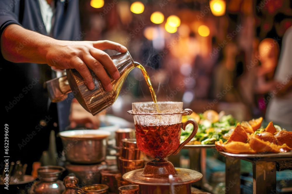 A traditional Moroccan tea served in an ornate teapot and cup, often sweetened with sugar, offering a refreshing and aromatic beverage. - obrazy, fototapety, plakaty 